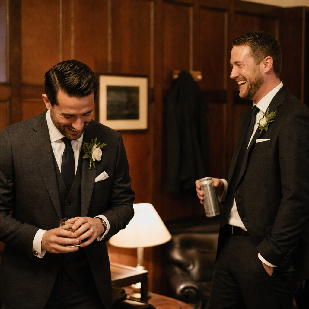 Groom and best man laughing in a getting-ready room