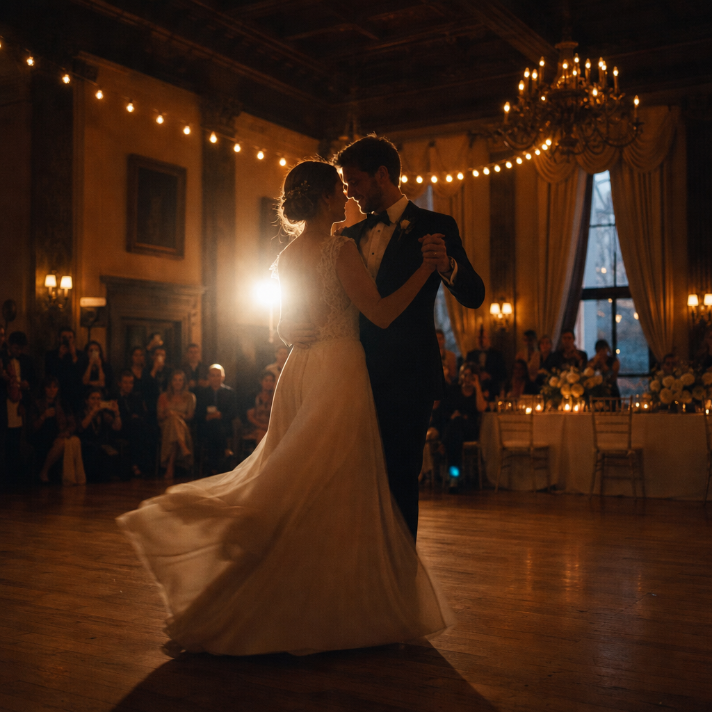 First dance in a wood-floored ballroom with warm string lights