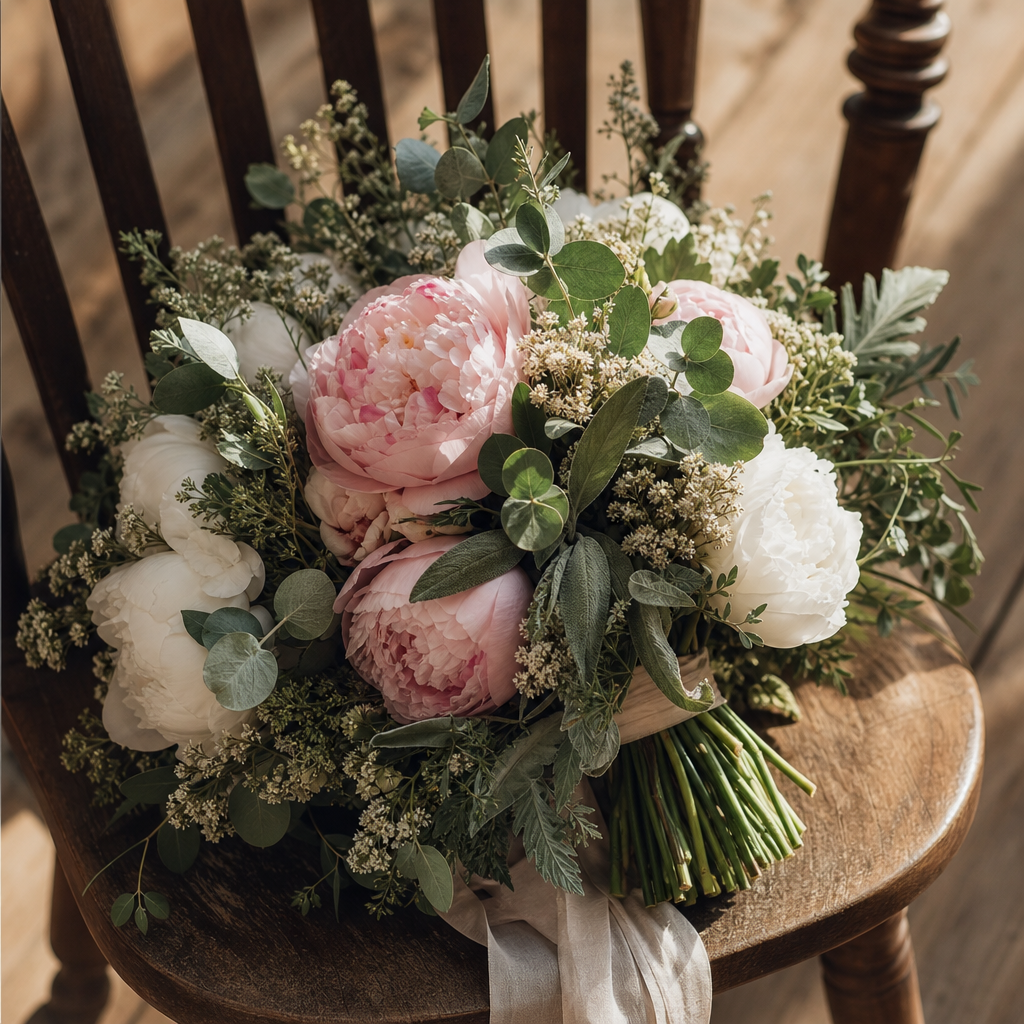 Bouquet of garden flowers resting on a wooden chair