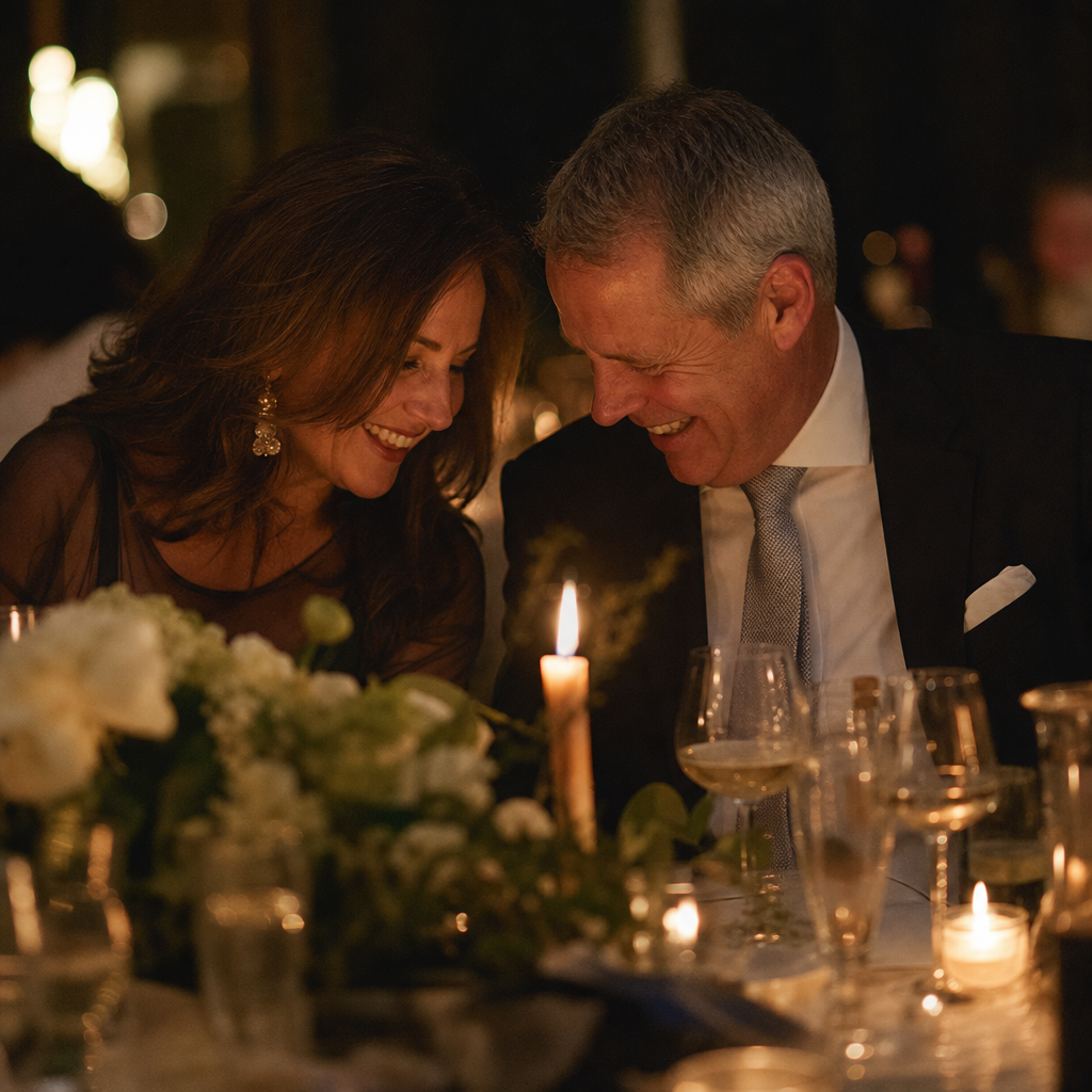 Two guests laughing at a candle-lit dinner table