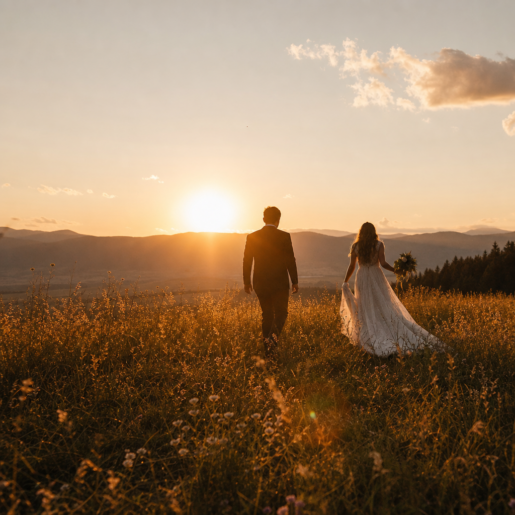 Sunset golden-hour outdoor wedding wide shot, two figures in distance