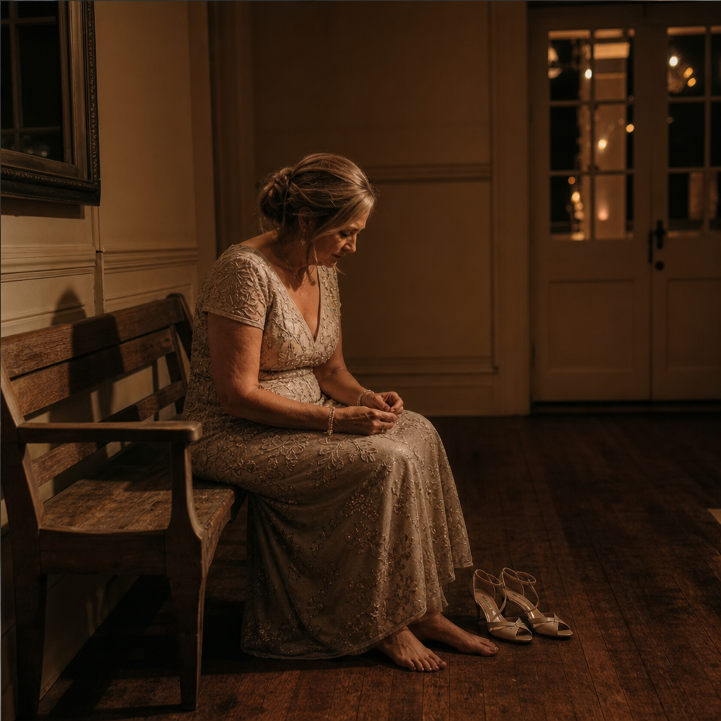 Mother of the bride sitting alone in an empty room, shoes off