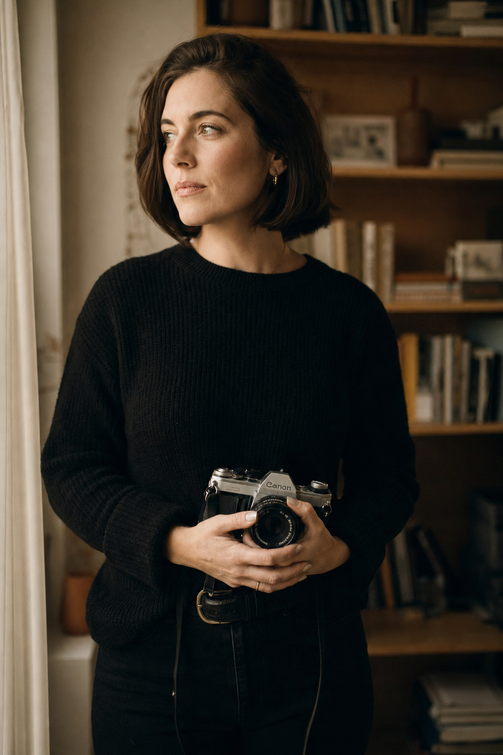 Hadley Park, photographer, holding a 35mm film camera in soft window light